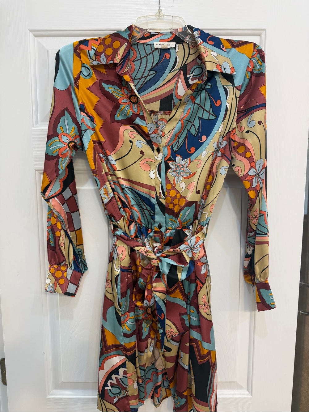 eesome Multicolor Abstract Floral Long Sleeve Shirt Dress in Teal, Rust & Cream
